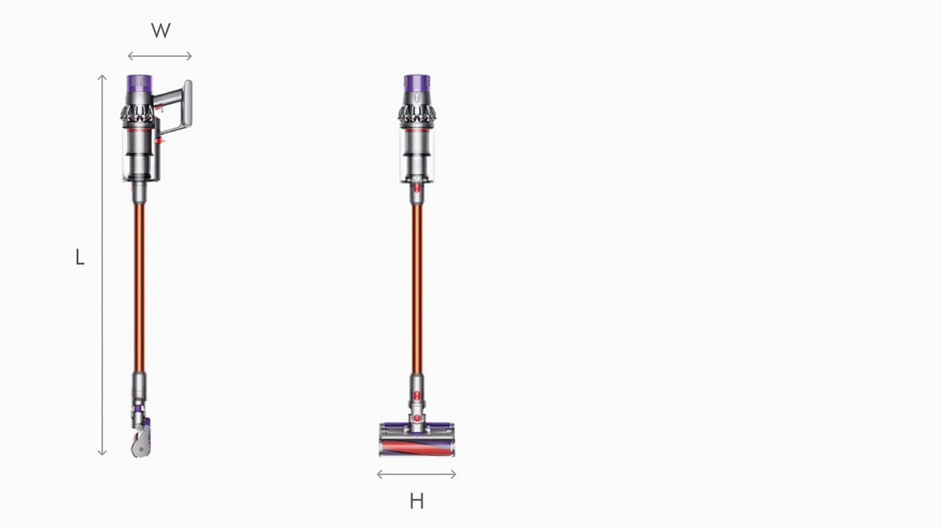 Dyson V10 cordless stick vacuum side and front views